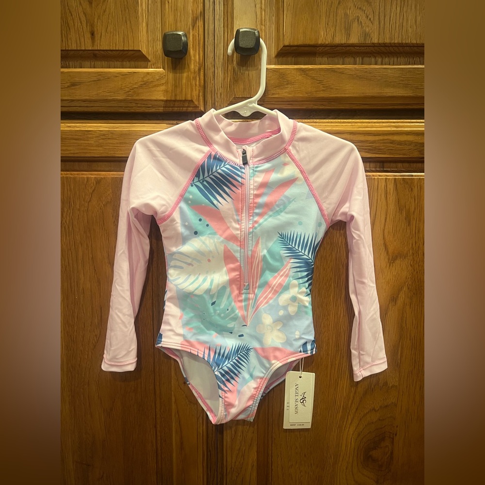 Girls Long Sleeve Pink Tropical Print One-Piece Swimsuit with Front Zip